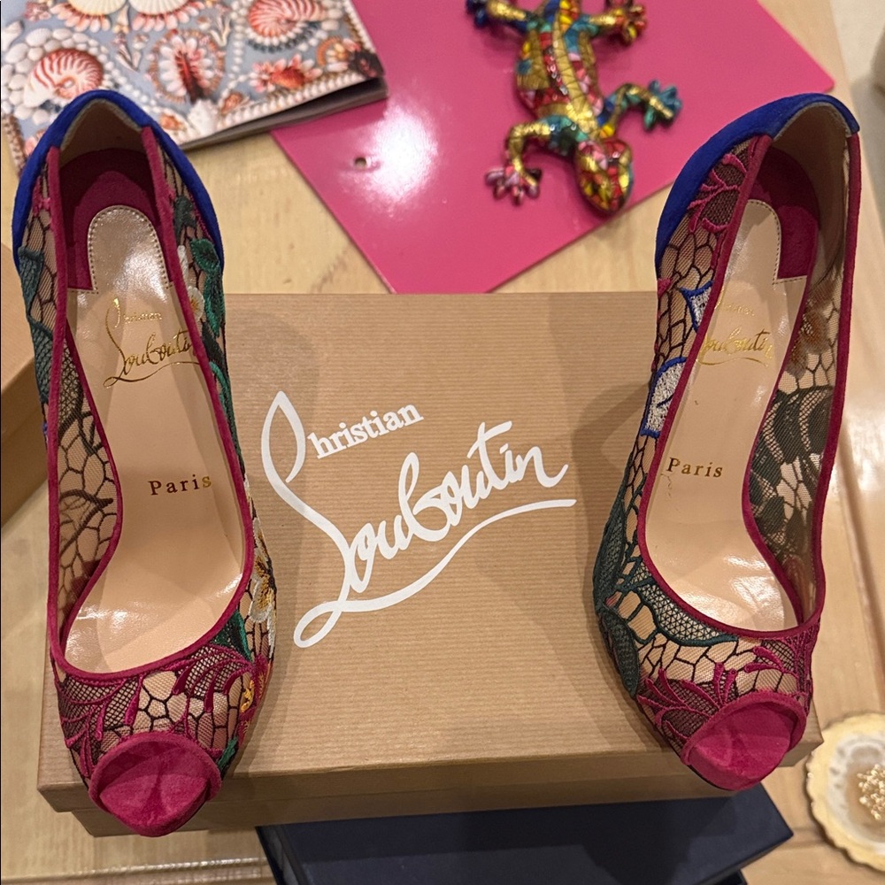 Christian Louboutin Vibrant Lace Peep-Toe Heels